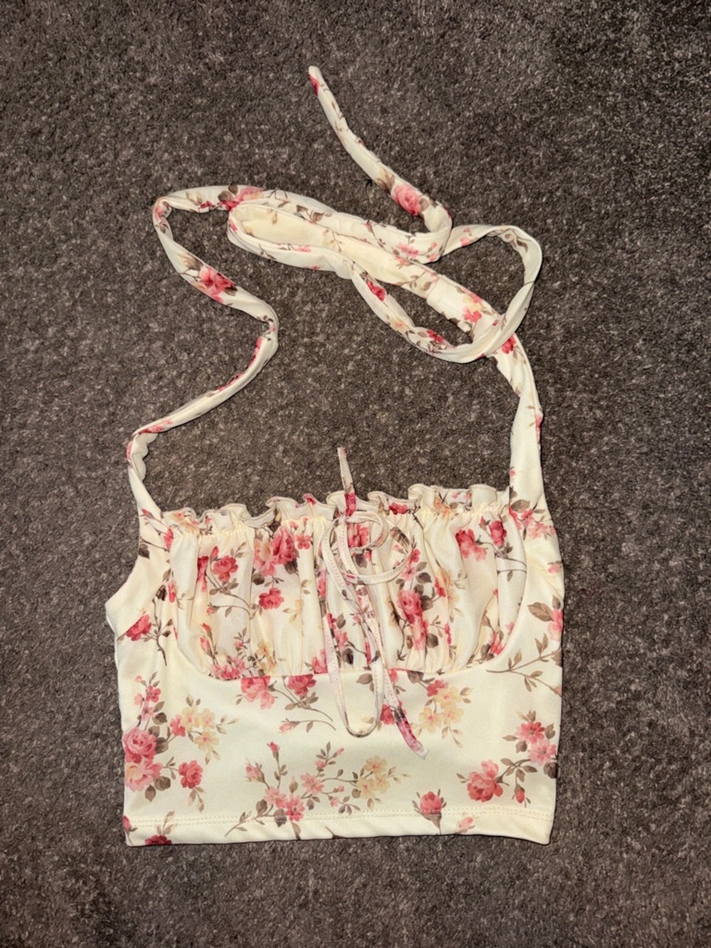 Floral Tie-Front Halter Crop Camisole - Cream with Pink Floral Print